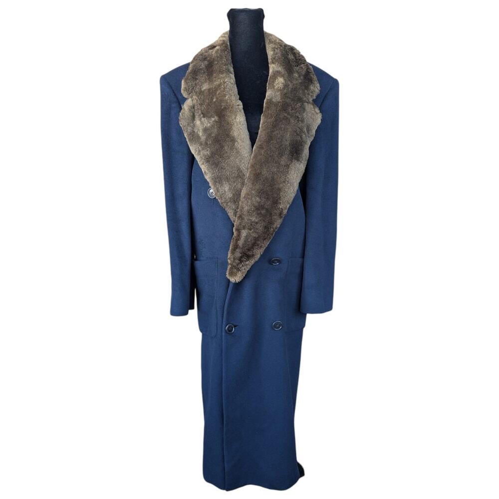 💜Perry Ellis 1980s Navy Wool Maxi Coat Faux Fur Collar